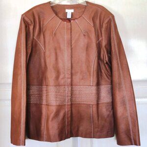 Chico's Vintage Faux Leather Decorative Stitching Zip Jacket in Cognac Sz 2, EUC